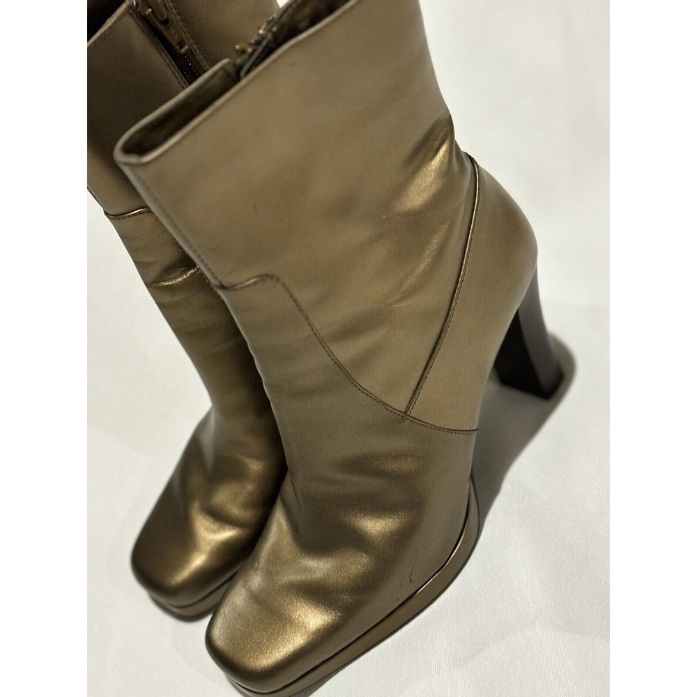 Bronze Metallic Faux Leather Square Toe Heel Boots sz 6 y2k retro glam cyber